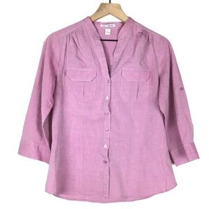 DALIA Collection Top Button Up Roll Tab Mandarin Collar Minimalist Size Medium